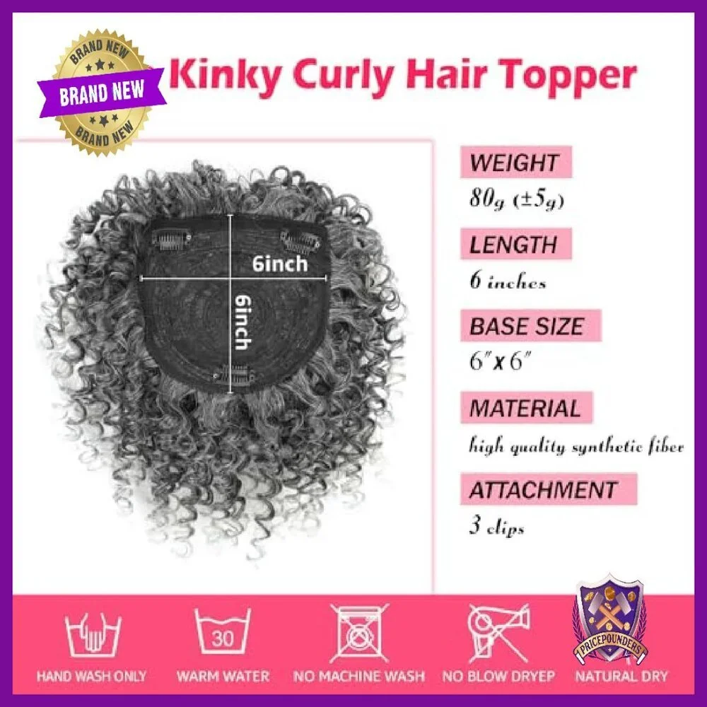 Afro Kinky Curly Clip-In Hair Topper with Bangs for Thinning Hair